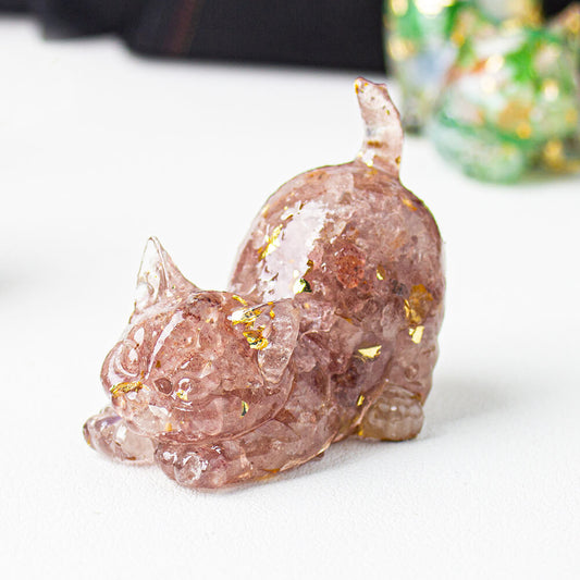 Rhodonite - Handmade Natural Crystal Gemstone Cat with Raised Tail