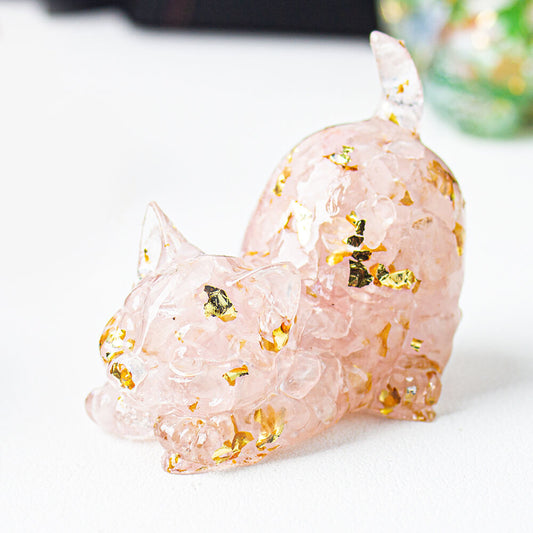 Rose Quartz - Handmade Natural Crystal Gemstone Cat with Raised Tail