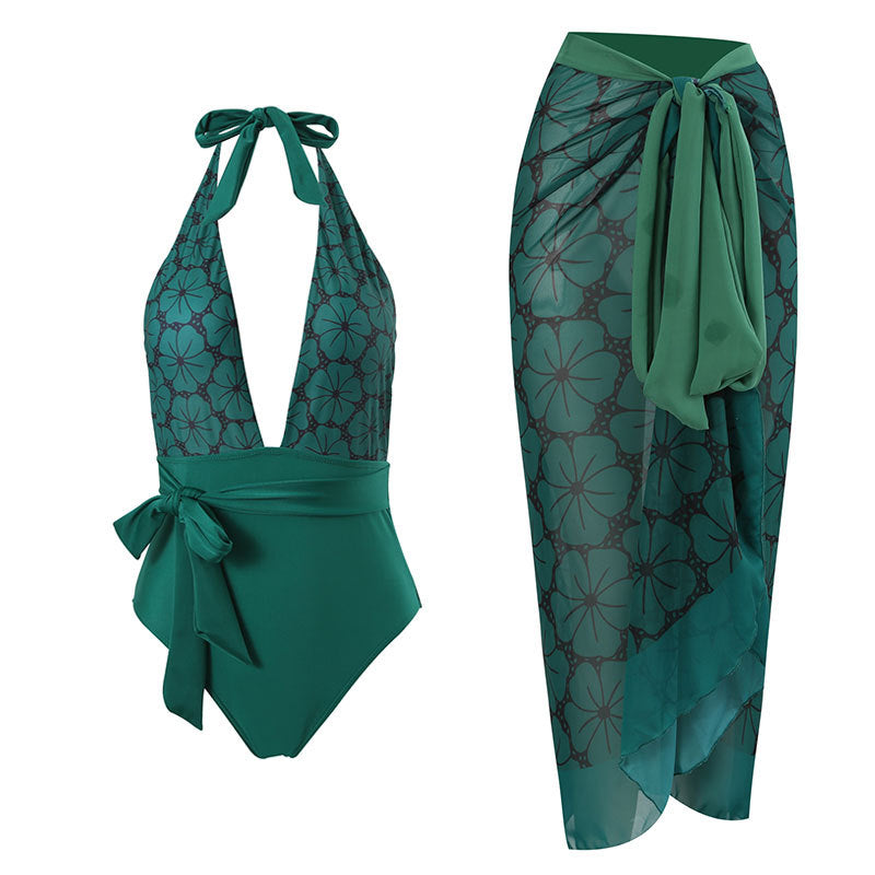 Women's Vintage Petal Tie Print One-Piece Swimsuit Set - F372