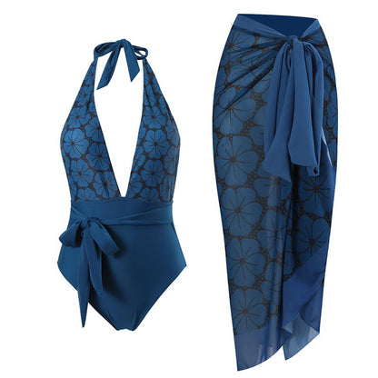 Women's Vintage Petal Tie Print One-Piece Swimsuit Set - F372