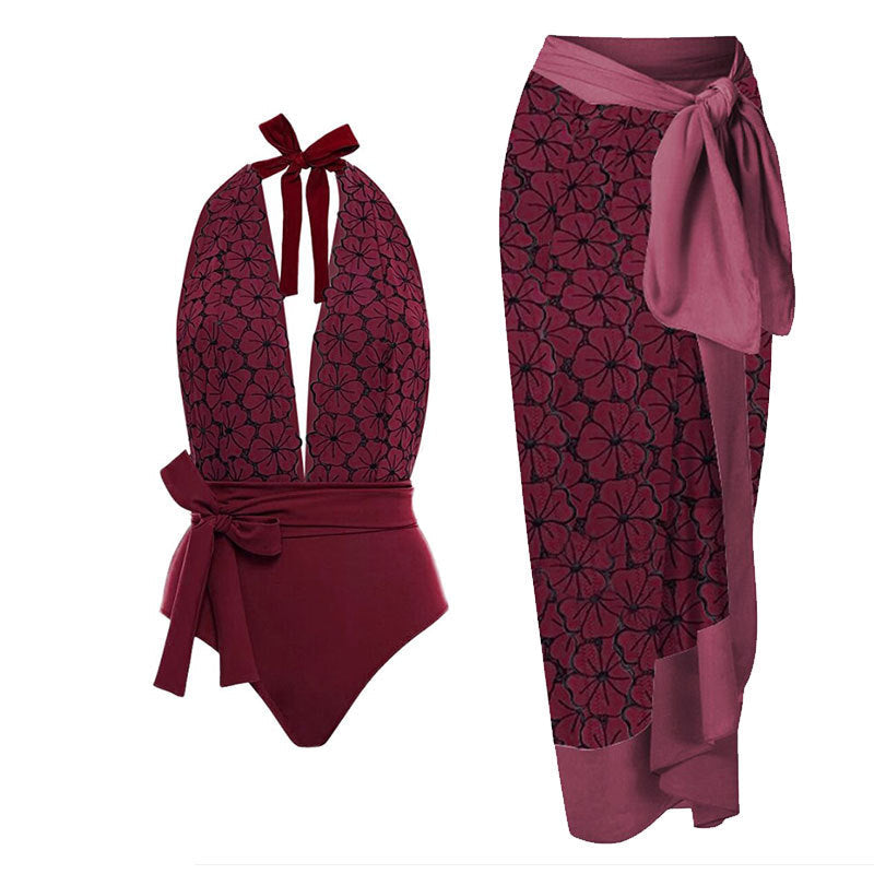 Women's Vintage Petal Tie Print One-Piece Swimsuit Set - F372