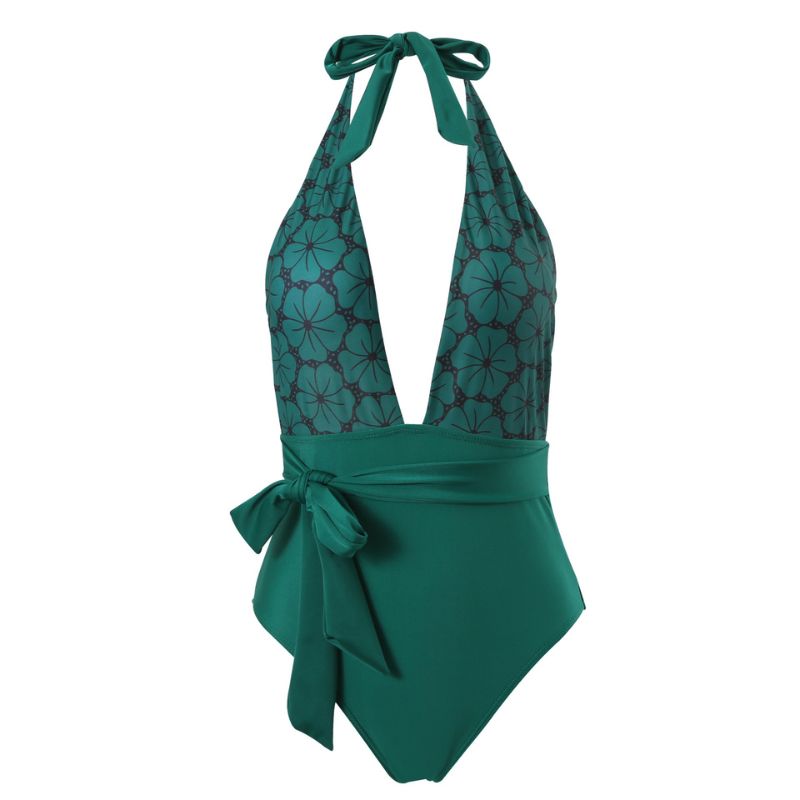 Women's Vintage Petal Tie Print One-Piece Swimsuit Set - F372