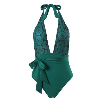 Women's Vintage Petal Tie Print One-Piece Swimsuit Set - F372