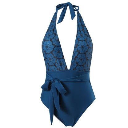 Women's Vintage Petal Tie Print One-Piece Swimsuit Set - F372
