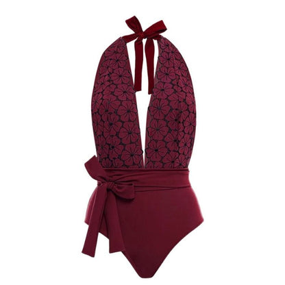 Women's Vintage Petal Tie Print One-Piece Swimsuit Set - F372