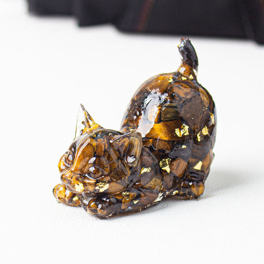 Tiger Eye - Handmade Natural Crystal Gemstone Cat with Raised Tail