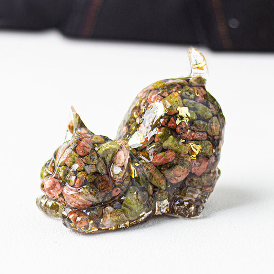 Unakite - Handmade Natural Crystal Gemstone Cat with Raised Tail
