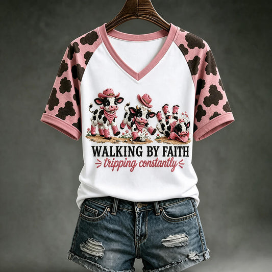Walking By Faith T-Shirt - Funny Cow Graphic V-neck Tee
