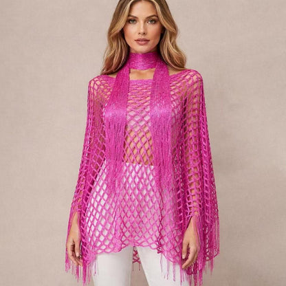 Women's Solid Color Fringe Trim Shawl & Chain Decor Poncho Set