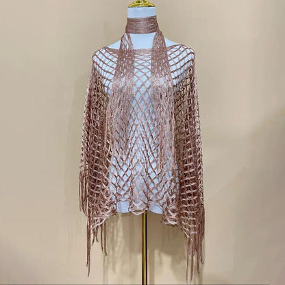 Women's Solid Color Fringe Trim Shawl & Chain Decor Poncho Set