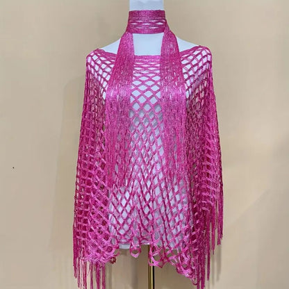 Women's Solid Color Fringe Trim Shawl & Chain Decor Poncho Set