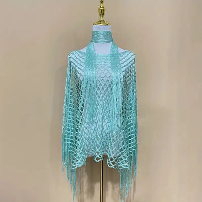 Women's Solid Color Fringe Trim Shawl & Chain Decor Poncho Set