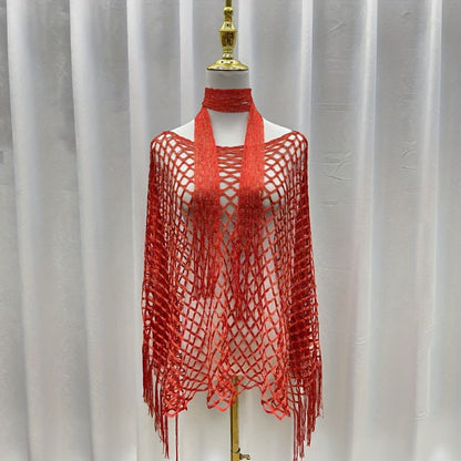 Women's Solid Color Fringe Trim Shawl & Chain Decor Poncho Set