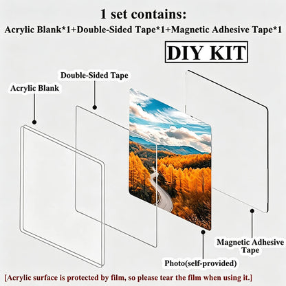 DIY acrylic wall art kit with labeled parts: acrylic blank, double-sided tape, magnetic adhesive tape, and a sample photo tape showing an autumn landscape. Text states one set contains all components.