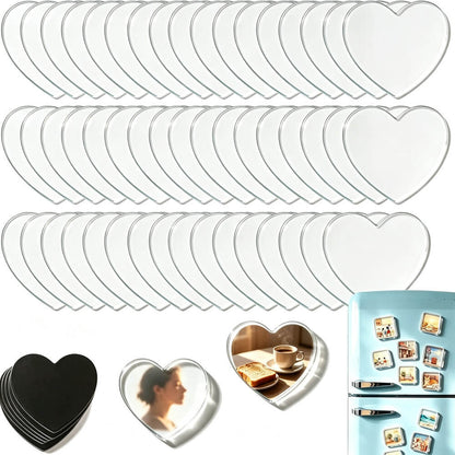 A set of heart-shaped refrigerator magnets shown on a white background, including plain clear/white magnets, a stack of black magnets, one with a woman's profile photo, one with toast and a coffee cup photo, and a light blue refrigerator decorated with multiple heart magnets.
