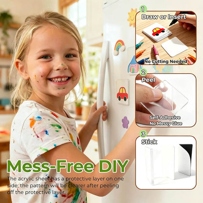 A young girl with paint on her face and shirt stands in a kitchen next to a white refrigerator, holding the handle. The image includes three inset diagrams showing how to use a clear acrylic sheet magnet: draw or insert, peel, and stick.