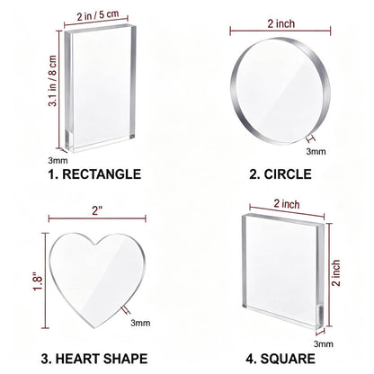 Size comparison chart showing four clear acrylic picture frame shapes: rectangle, circle, heart, and square. Each frame is labeled with dimensions, including 2 inch by 3 mm, on a white background.
