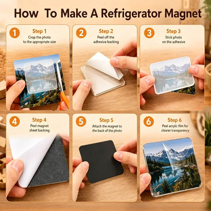 Instructional graphic titled 'How To Make A Refrigerator Magnet' showing six numbered steps with hands demonstrating how to apply a printed landscape photo to a refrigerator magnet sheet, including peeling adhesive backing and attaching the magnet.