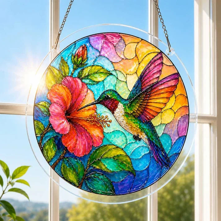 A round acrylic suncatcher with a colorful hummingbird and hibiscus flower hanging from a chain in front of a white window on a bright blue sky day