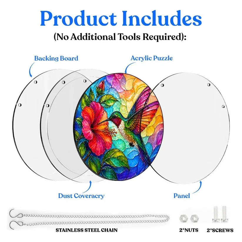 A diagram showing the included parts of the acrylic puzzle suncatcher such as backing board dust cover panel stainless steel chain nuts and screws