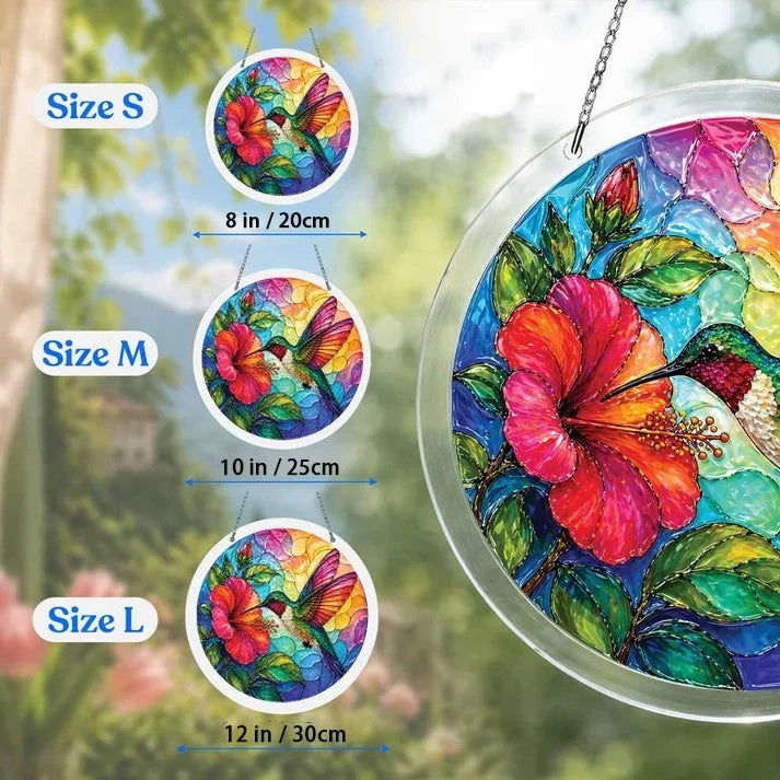 A size chart showing three wildflower valley suncatchers in S M and L measuring 8 10 and 12 inches with a large size detail on the right
