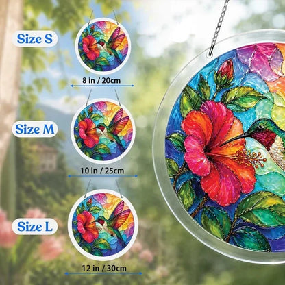 A size chart showing three wildflower valley suncatchers in S M and L measuring 8 10 and 12 inches with a large size detail on the right