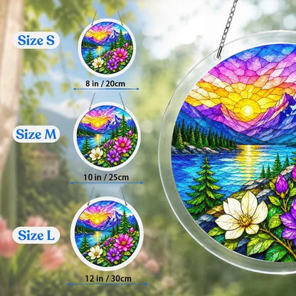 A size chart showing three alpine sunrise suncatchers in S M and L measuring 8 10 and 12 inches with a large size detail on the right