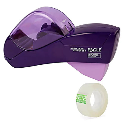 A purple and translucent purple Eagle brand auto tape dispenser shown on a white background, with a roll of clear tape featuring green labels below it.