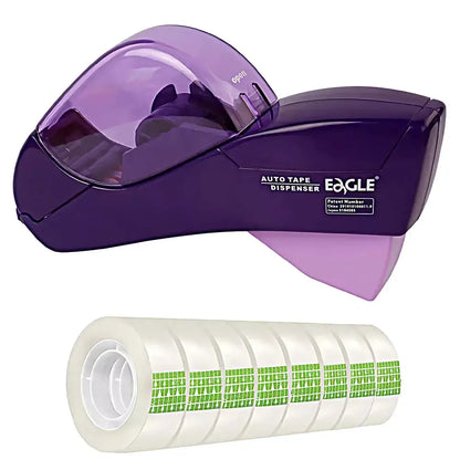 A purple Eagle brand auto tape dispenser with a translucent dome lid, shown above a roll of clear tape with green printed labels on a white background.