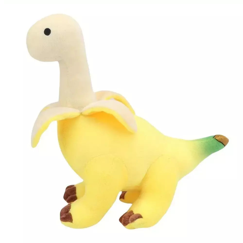 Side view of the banana brontosaurus stuffed animal