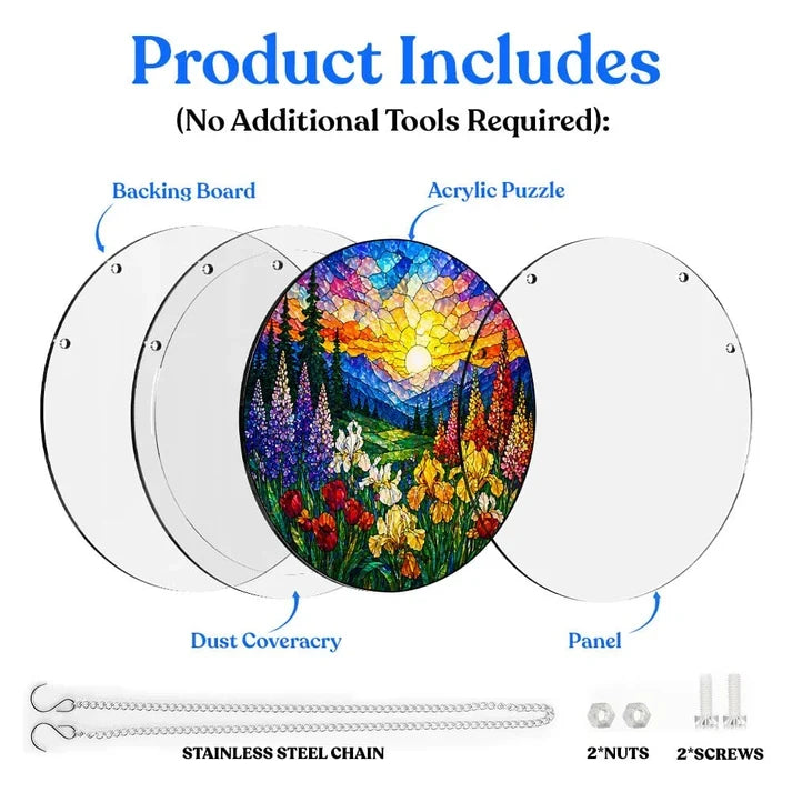 A diagram showing the included parts of the bloom valley acrylic puzzle suncatcher such as backing board dust cover panel stainless steel chain nuts and screws