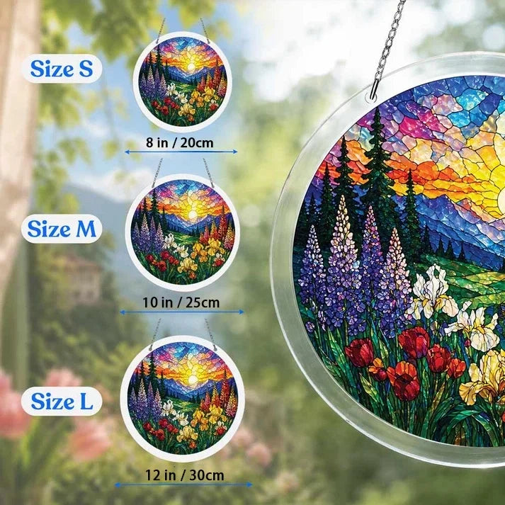 A size chart showing three wildflower valley suncatchers in S M and L measuring 8 10 and 12 inches with a large size detail on the right