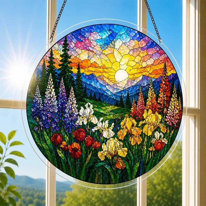 A round acrylic suncatcher with a wildflower valley iris lupine tulips and pine trees hanging from a chain in front of a bright white window