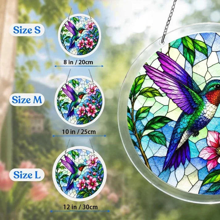 A size chart showing three hummingbird suncatchers in S M and L measuring 8 10 and 12 inches with a large size detail on the right