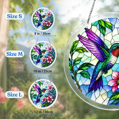 A size chart showing three hummingbird suncatchers in S M and L measuring 8 10 and 12 inches with a large size detail on the right