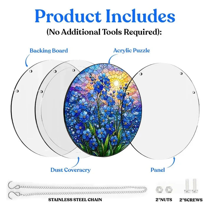 A diagram showing the included parts of the blue blossoms acrylic puzzle suncatcher such as backing board dust cover panel stainless steel chain nuts and screws