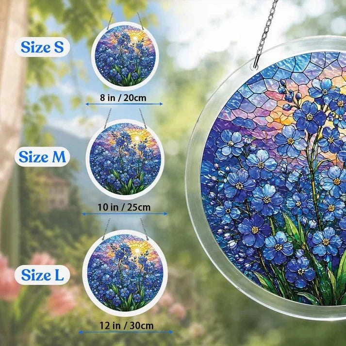 A size chart showing three blue blossom suncatchers in S M and L measuring 8 10 and 12 inches with a large size detail on the right