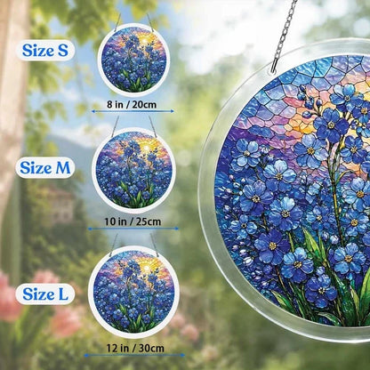 A size chart showing three blue blossom suncatchers in S M and L measuring 8 10 and 12 inches with a large size detail on the right