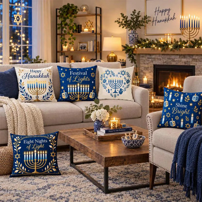 Hanukkah throw pillow styled on a living room sofa
