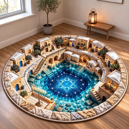 A large round area rug featuring a detailed architectural scene of a stone courtyard with a glowing blue pool and Star of David, displayed on a wooden floor in a styled room.