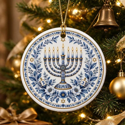 Blue and white menorah ornament hanging on a decorated Christmas tree
