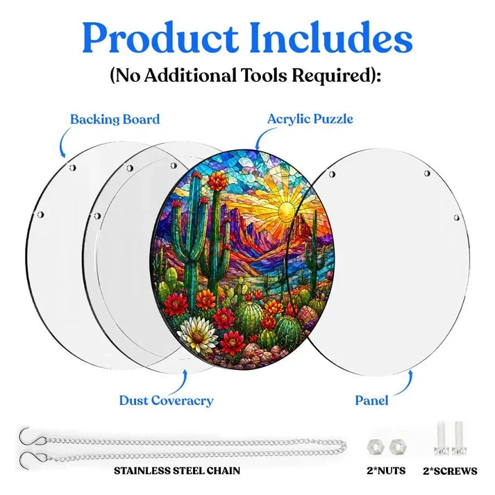 A diagram showing the included parts of the cactus sunset acrylic puzzle suncatcher such as backing board dust cover panel stainless steel chain nuts and screws