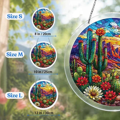 A size chart showing three cactus desert suncatchers in S M and L measuring 8 10 and 12 inches with a large size detail on the right