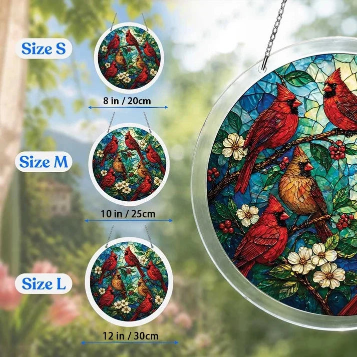 A size chart showing three cardinal garden suncatchers in S M and L measuring 8 10 and 12 inches with a large size detail on the right