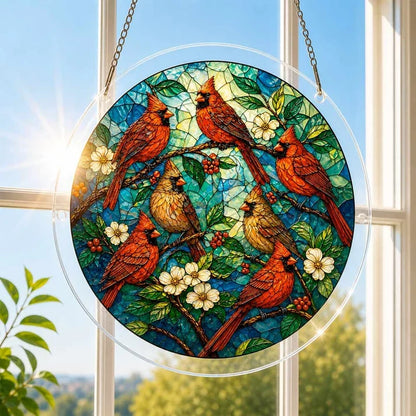 A round acrylic suncatcher with red and yellow cardinals among white blossoms and berries hanging from a chain in front of a bright white window