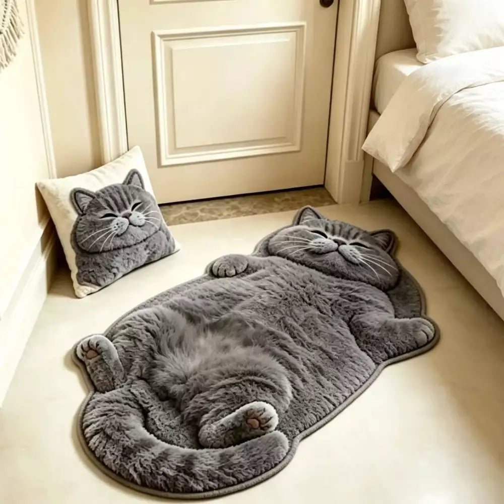Cat shaped rug placed beside a bed in a bedroom