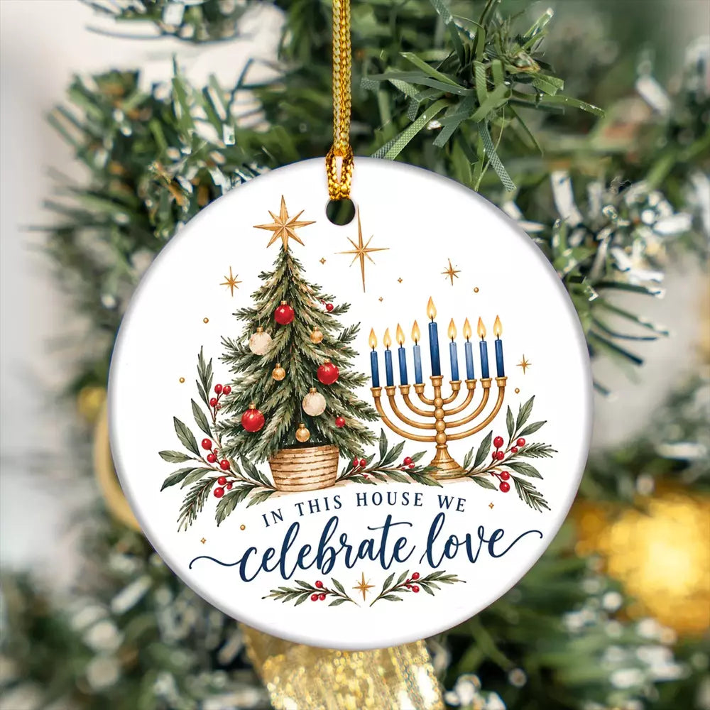 Ceramic holiday ornament celebrating Christmas and Hanukkah