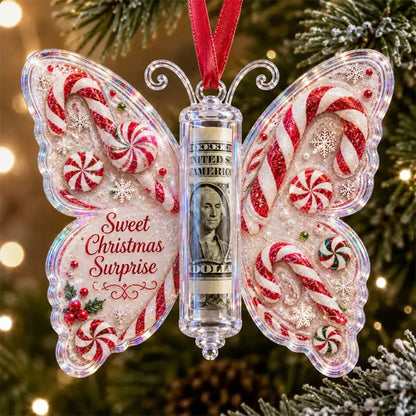 Christmas candy cane scene butterfly-shaped ornament