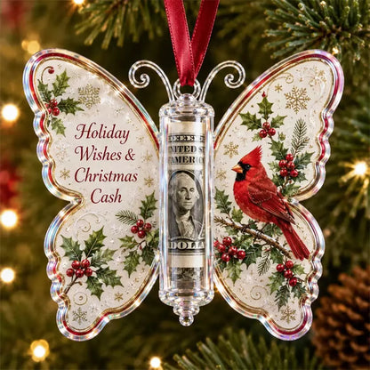 Christmas cardinal scene butterfly-shaped ornament