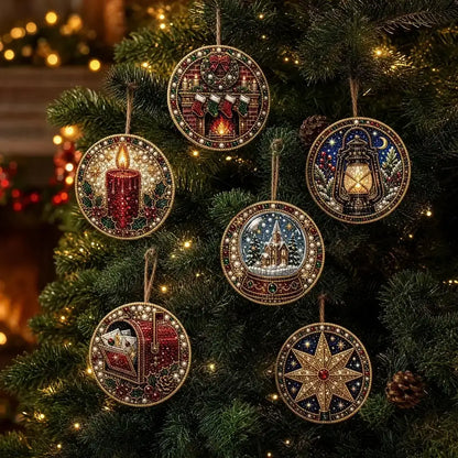 Five round beaded Christmas tree ornaments with intricate holiday scenes hang on a decorated Christmas tree. The ornaments feature detailed beadwork in red, gold, blue, green, and white, depicting a candle, a lantern, a gift box, a snowy house, and a star.